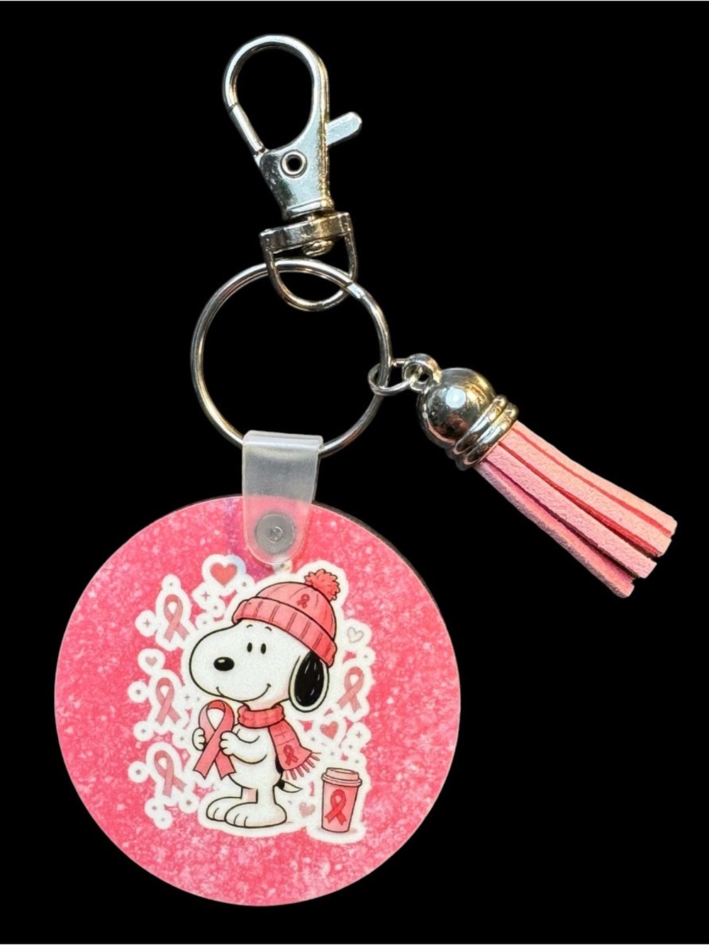Snoopy Awareness Round Wooden Keychain Charm With Tassel And Silver Tone Clasp